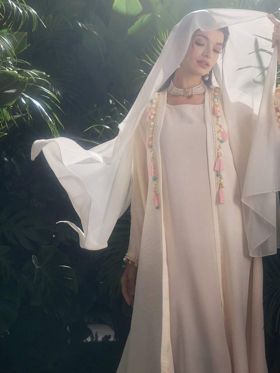 Al Najma Apricot & Pink Floral Trim Arabic Abaya With Headscarf