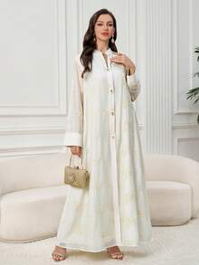 Yasmyna Đầm Ả Rập dài tay thêu hoa, cài cúc đơn dành cho nữ - Màu be - Xem 4