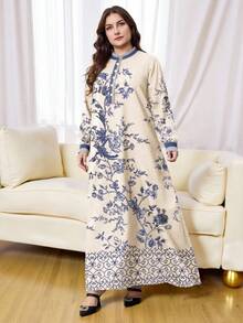 SHEIN Najma 大码女式复古花卉菱形格纹数码印花优雅长袖纽扣领连衣裙，春秋季 - 彩色 - 查看 3