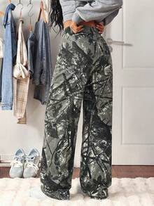 SHEIN Tall Quần jeans ống đứng cạp cao in họa tiết lá phong rằn ri, đã qua xử lý giặt, màu bạc. - Nhiều màu - Xem 2
