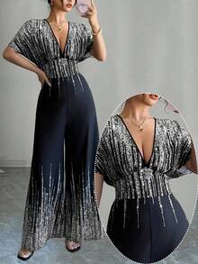 SHEIN Tall CURVE Plus Size Fashionable Commuter Contrast Color Print Jumpsuit - Silver - View 1