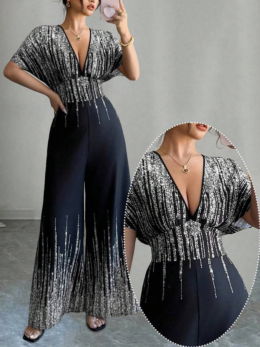 SHEIN Tall CURVE Plus Size Fashionable Commuter Contrast Color Print Jumpsuit - Silver - View 1