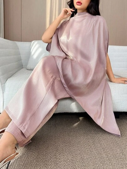 Modelyn New Plus Size Women's/Plus Size Clothing/Commute/Family Gathering/Plus Size Shiny Ladies Fashion Solid Color Elegant Faux Collar Fashion Exquisite Batwing Sleeve Satin Asymmetric Hem Shirt & Straight Elegant Pants Suit, Suitable For Ladies