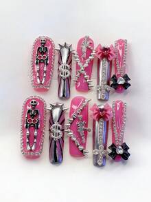 ROMWE Anime 10 Spice Girls Diablo Rivets Skull Fake Nail Pads And A Piece Of Double-Sided Tape - Hot Pink - View 1
