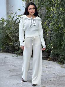 Durrani Popal Knitted Large Pocket Detail Tie Waist Sweater Trousers Wide Leg Old Money Summer Vacation Airport Holiday Summer Beach Fall Back To School Christmas Work Office Winter Thanksgiving Chic - Apricot - View 6