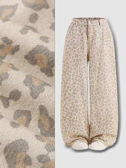 SHEIN MOD Pantalones vaqueros anchos de tiro alto con estampado de leopardo y bolsillos para mujer de talla grande, pantalones casuales de verano y primavera para playa y vacaciones, pantalones vaqueros con estampado de leopardo estilo Y2K, pantalones blancos con estampado de leopardo de pierna ancha, pantalones vaqueros casuales de cintura alta y ajuste holgado para estilo diario
