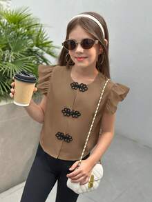 SHEIN Nova Glow 少女可爱纽扣短袖撞色休闲衬衫 - 卡其色 - 查看 2