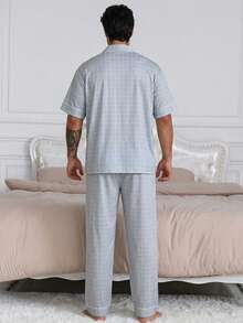 DAZY 男士短袖衬衫和裤子睡衣套装，夏季 - 藍色 - 查看 2