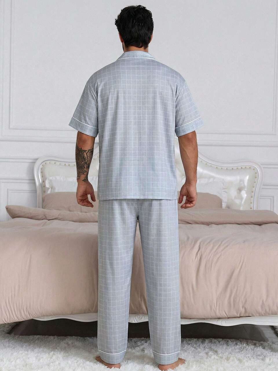 Men's Short Sleeve Shirt And Pants Pajama Set, Summer