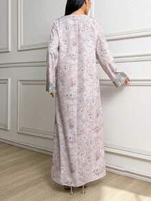 Al Najma Women's Floral Pattern V-Neck Long Sleeve Elegant Arabic Dress - Mauve Purple - View 2