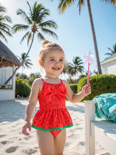 SHEIN 1-pack babyflicka söt vattenmelonmönster casual stickad rosett färgmatchande axelbandsdräkt lämplig för semester och lek lämplig för vår och sommar