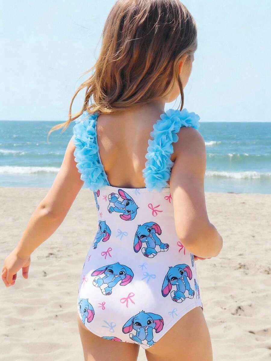 Emery Rose Kids Emery Rose Kids Young Girl Striped Cartoon Pattern 3D Floral One-Piece Swimsuit - Blue - View 1