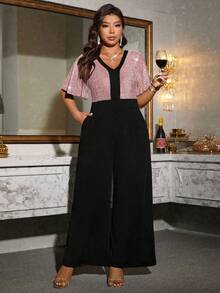 SHEIN Clasi Plus Size Women V-Neck Metallic Thread Patchwork Short Sleeve Jumpsuit, Prom - Multicolor - View 6