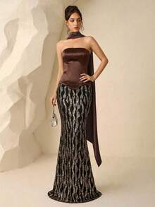 Coutiva Đầm dạ hội trang trọng đính sequin dành cho nữ - màu nâu - Xem 6