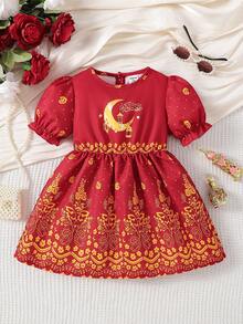 SHEIN Baby Girls Unique Print Cute Puff Sleeve Dress - Red - View 3
