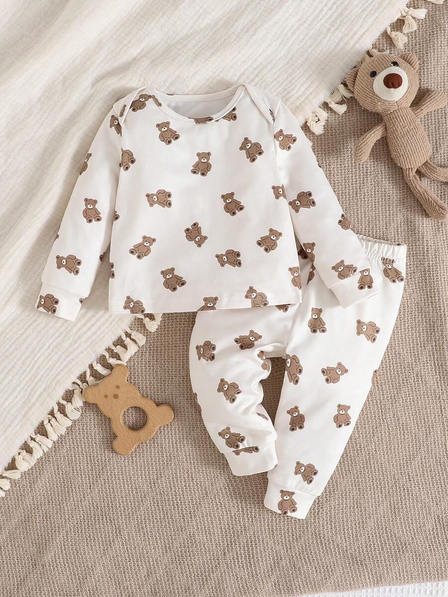 SHEIN Newborn Baby Girl Casual Cute Cartoon Pattern Knit Long Sleeve Top And Pants Pajama Set