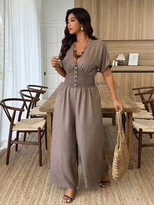 Weeklong Bộ áo liền quần nữ cỡ lớn tay cánh dơi nhún bèo với cúc bấm ở eo, kiểu dáng thường ngày. - màu nâu - Xem 4