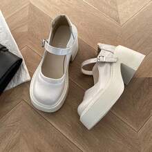 Zapatos de tacón alto de cuero para mujer de estilo japonés, modelos con tacón grueso. Zapatos retro de suela gruesa que aumentan la estatura, novedades de primavera/otoño. Zapatos Mary Jane para mujer. Mocasines para mujer. - Beis - Ver 2