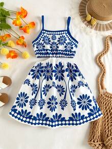 Vintaside Kids 女童复古碎花镂空吊带连衣裙，休闲度假风，适合春夏穿着 - 藍色 - 查看 6