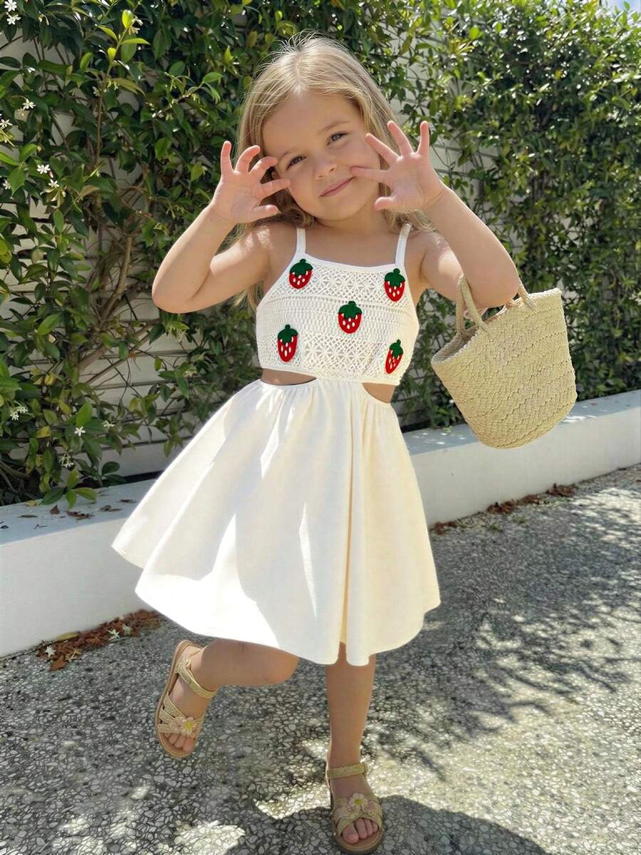 Vintaside Kids 少女复古乡村风可爱3D草莓镂空腰部设计吊带连衣裙，适合日常穿着和度假
