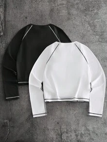 AXEPEAK 男士几何印花圆领长袖撞色滚边休闲T恤 - 黑與白 - 查看 2