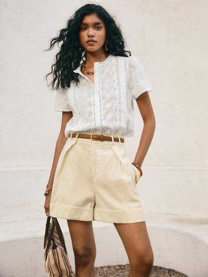 Poéselle Women's Shorts High-Waisted Pleated Linen-Blend Tailored Shorts – Cuffed Neutral Bermuda For Effortless Summer Chic High Waist Tailored Shorts, Linen Shorts Women, Pleated Bermuda Shorts, Beige Summer Shorts, Minimalist Wardrobe Essentials, Neutral Tone Outfit, Coastal Chic Bottoms, Vacation Capsule Wardrobe Solid Color Pleated Pocket Loose Casual Shorts