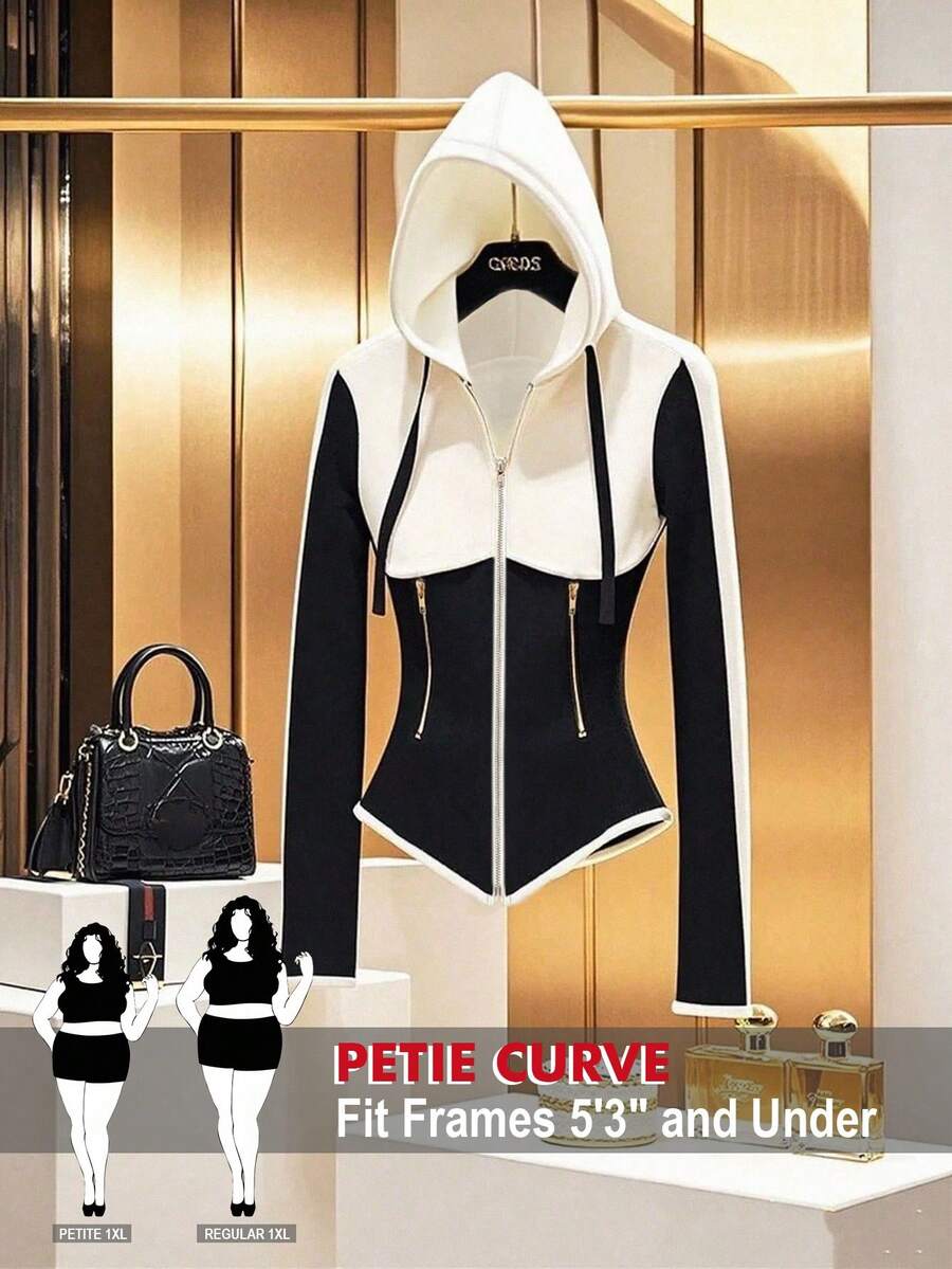 SHEIN PETITE CURVE Große Größen Kurzer Kontrast Schwarz & Weiß Sweatshirt mit Metall-Reißverschluss, warm und lässig für den täglichen Gebrauch - Schwarz und Weiss - Übersicht 1