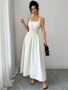 Elenzga 新款女士吊带系带针织弹力纹理面料混纺金属装饰纽扣修身优雅年轻派对通勤百搭连衣裙 - 杏色 - 查看 8