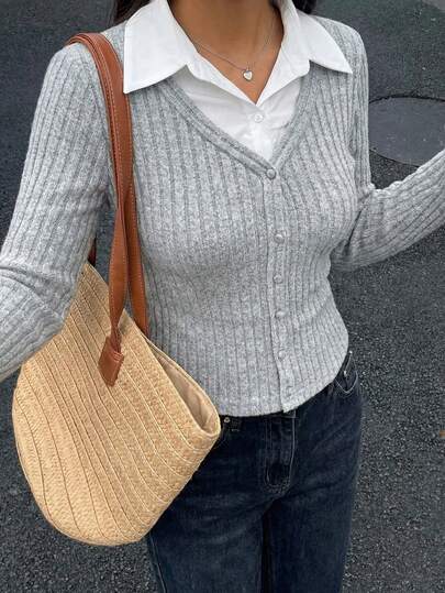 Zavorell Blusa de manga larga con contraste de color gris y blanco, cuello de camisa, estilo minimalista y casual, adecuada para uso diario en el campus, atuendos de chica caliente y uso casual en el hogar
