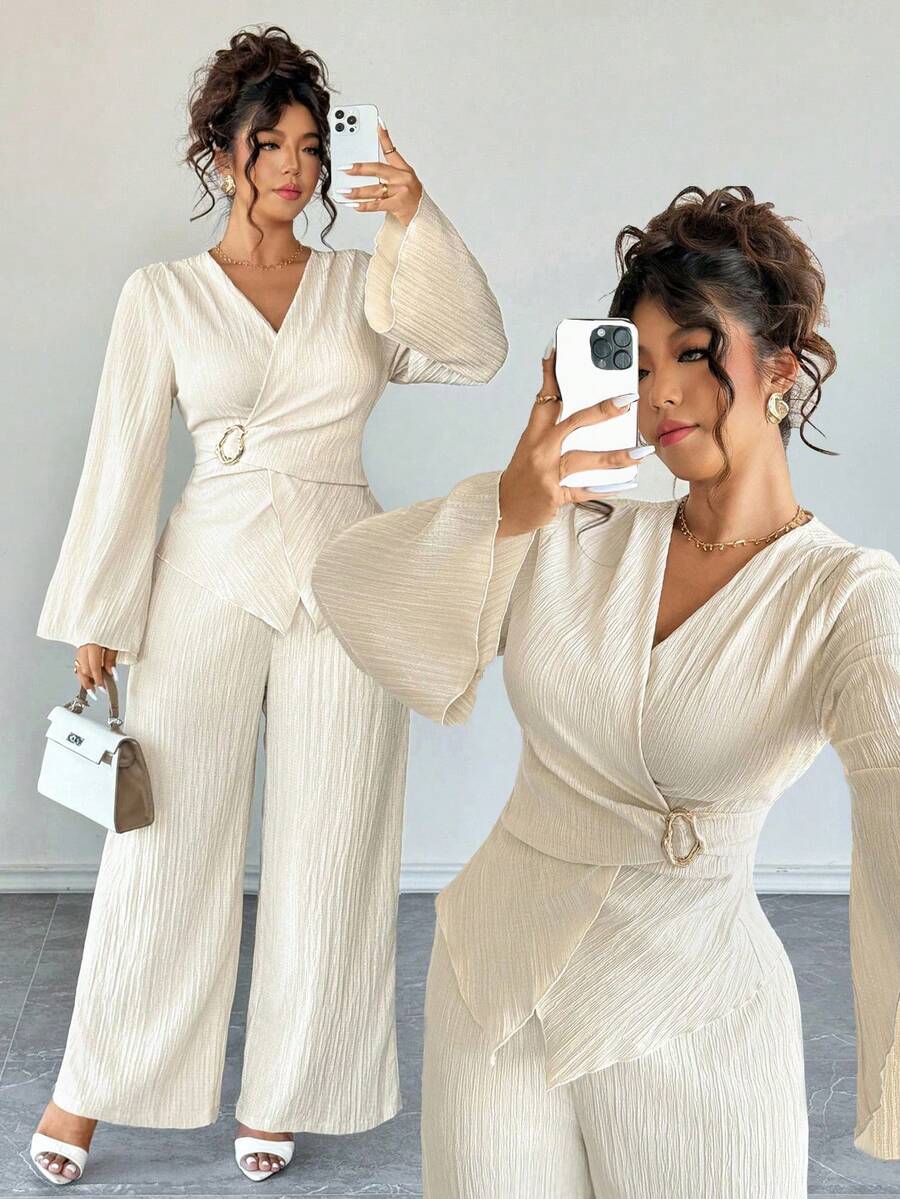 Elenzga Spring New V-Neck Flare Sleeve Waist Tie Metal Buckle Bowknot Back Women's 2-Piece Set, French Style Cross Tie Waist Fitted V-Neck Flare Sleeve Dress + High Waist Loose Wide Leg Pants, Classic Versatile, Suitable For Daily Wear, Commute, Holiday, Date, Party