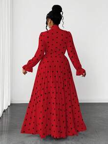 Maweii 大码波点印花荷叶边情人节休闲连衣裙 - 紅色 - 查看 4