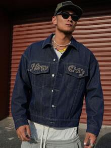 DAZY Men's Short Denim Jacket With Letter Embroidery, Navy Blue, Spring/Autumn - Blue - View 1