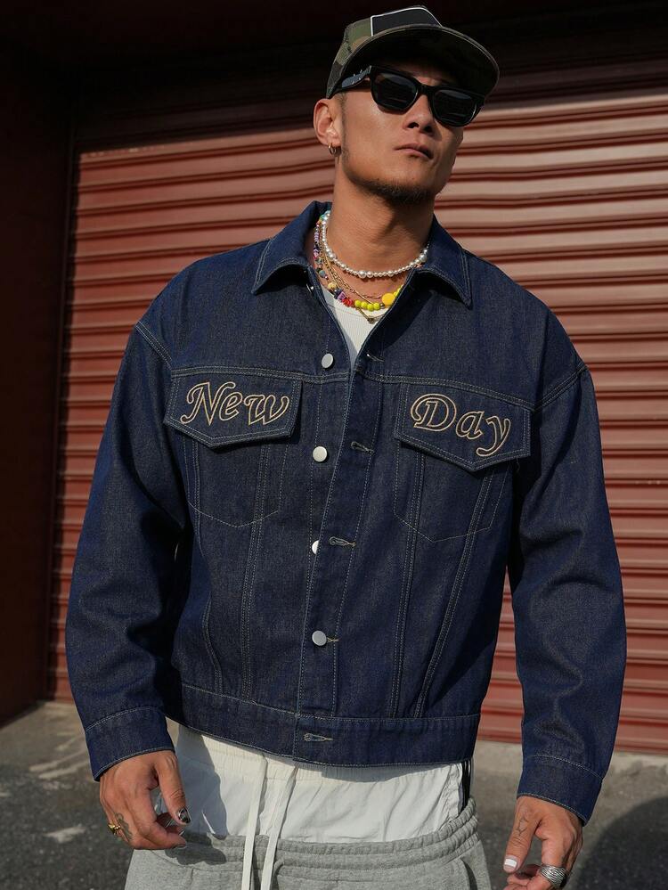 Men's Short Denim Jacket With Letter Embroidery, Navy Blue, Spring/Autumn