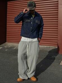 DAZY Men's Short Denim Jacket With Letter Embroidery, Navy Blue, Spring/Autumn - Blue - View 3