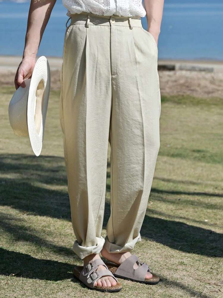 Spring Solid Beige Slim-Fit Men's Suit Pants