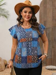 EMERY ROSE Áo kiểu tay ngắn phối họa tiết, dáng rộng, cỡ lớn, thích hợp cho kỳ nghỉ hè, đi biển. - Xanh đậm - Xem 4