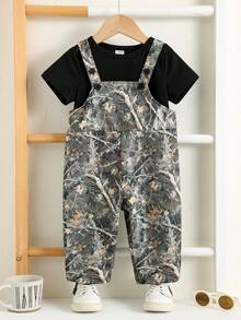 SHEIN Newborn Baby Boy Cute Versatile Casual Military Green Leaf Print Romper - Multicolor - View 5