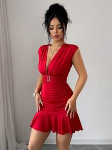 Elenzga Early Spring/Summer New Arrival Sexy, Elegant, Fashionable Red Dress With Design Elements: Deep V-Neck, Pleated, Double Layer, Rhinestone Square Buckle, Bodycon, Ruffle Hem, Cap Sleeve, Women's Mini Dress - Red - View 7