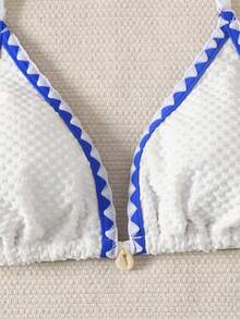 SHEIN 少女夏季泳装度假条纹露背系带性感比基尼套装，2件套，夏季沙滩 - 藍白色 - 查看 3