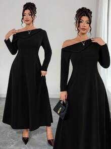 Elenzga Rochie de seară cu guler înalt, mânecă lungă, model A, tiv tip coadă de pește, tricotată moale, mărime plus, pentru ieșiri, petreceri, întâlniri și naveta - Negru - Vizualizare 4