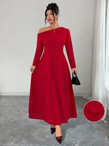 Elenzga Plus Size Red Autumn Elegant Satin Formal Soft Knit Asymmetric Shoulder Asymmetrical Hem Turtleneck Long Sleeve Waist Fit A-Line Dress For Parties - Red - View 4