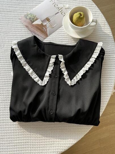 SHEIN EZwear 大码优雅刺绣单排扣荷叶领灯笼袖衬衫