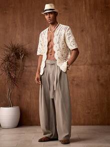 AKNOTIC 男士休闲宽松弹力腰直筒裤，卡其色纯色，适合夏季、度假、日常搭配、派对、情侣装、男士礼物。男士系带裤，男士阔腿褶裥裤，男士阔腿裤，褶裥裤，男士褶裥西装裤，男士褶裥裤，男士西装裤 - 卡其色 - 查看 6