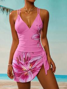 Swim Lushoire 女士印花系带腰部吊带泳衣 - 粉色 - 查看 2