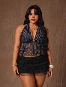 Rustia Plus Size Fashionable Sheer Deep V Polka Dot Spaghetti Strap Backless Camisole - Black and White - View 5