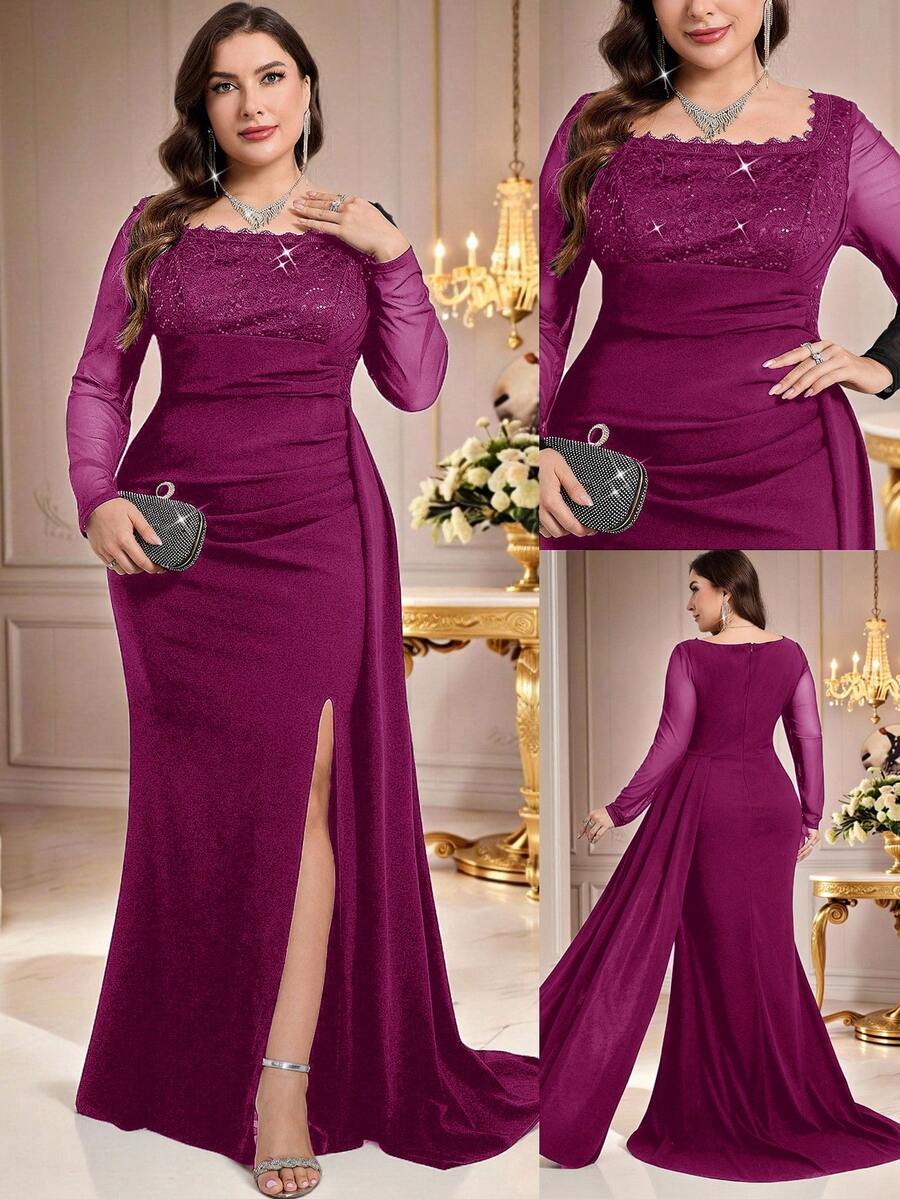 Coutiva 大码女士优雅方领撞色蕾丝荷叶边腰部高开衩下摆正式晚礼服 大码紫色晚礼服 曲线优雅晚礼服 紫色正式长裙 大码正式礼服 女士紫色晚礼服 女士大码礼服 丰满身材紫色连衣裙 - 中紫紅色 - 查看 1