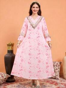SHEIN Teen Girl Casual Vacation Ditsy Floral Sequin Tassel Decor Flare Sleeve Dress, Spring/Summer - Pink - View 6