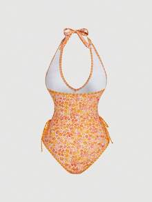 SHEIN MOD 1件装女士碎花吊带连体泳衣 - 橘色 - 查看 5