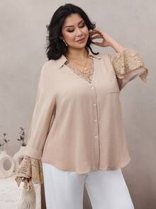 Modelyn Camisa holgada de encaje y parches, adecuada para uso diario en primavera y otoño, talla grande - Caqui - Ver 7