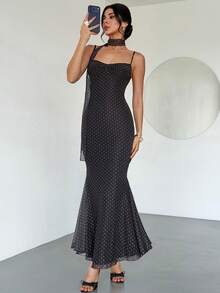 Firerie 女士新款复古黑色波点修身鱼尾连衣裙，时尚春夏连衣裙，性感优雅波点连衣裙，鱼尾裙，胸部褶皱设计，荷叶边吊带连衣裙，婚礼派对连衣裙，约会连衣裙，适合通勤，优雅，性感，度假，海滩，波西米亚风，夏威夷风，音乐节，派对，工作场合 - 黑色 - 查看 7